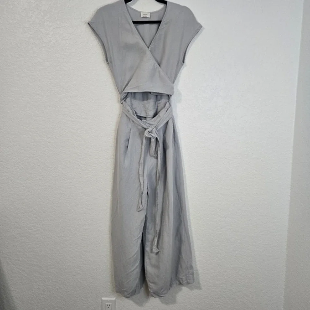 Aritzia‎ Wilfred 2 Brax Grey V Neck Wrap Wide Leg Jumpsuit Cap Sleeve